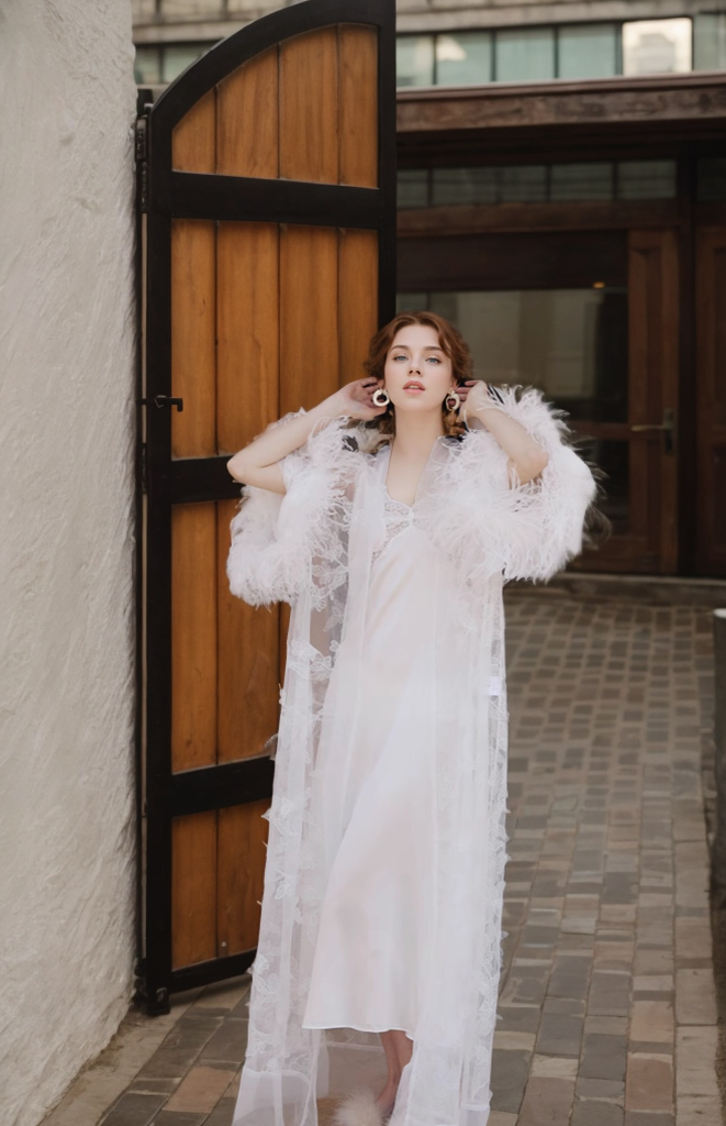 Ostrich Feather Sequin 3D Floral Lace Long Robe with Sequin Nightgown Set