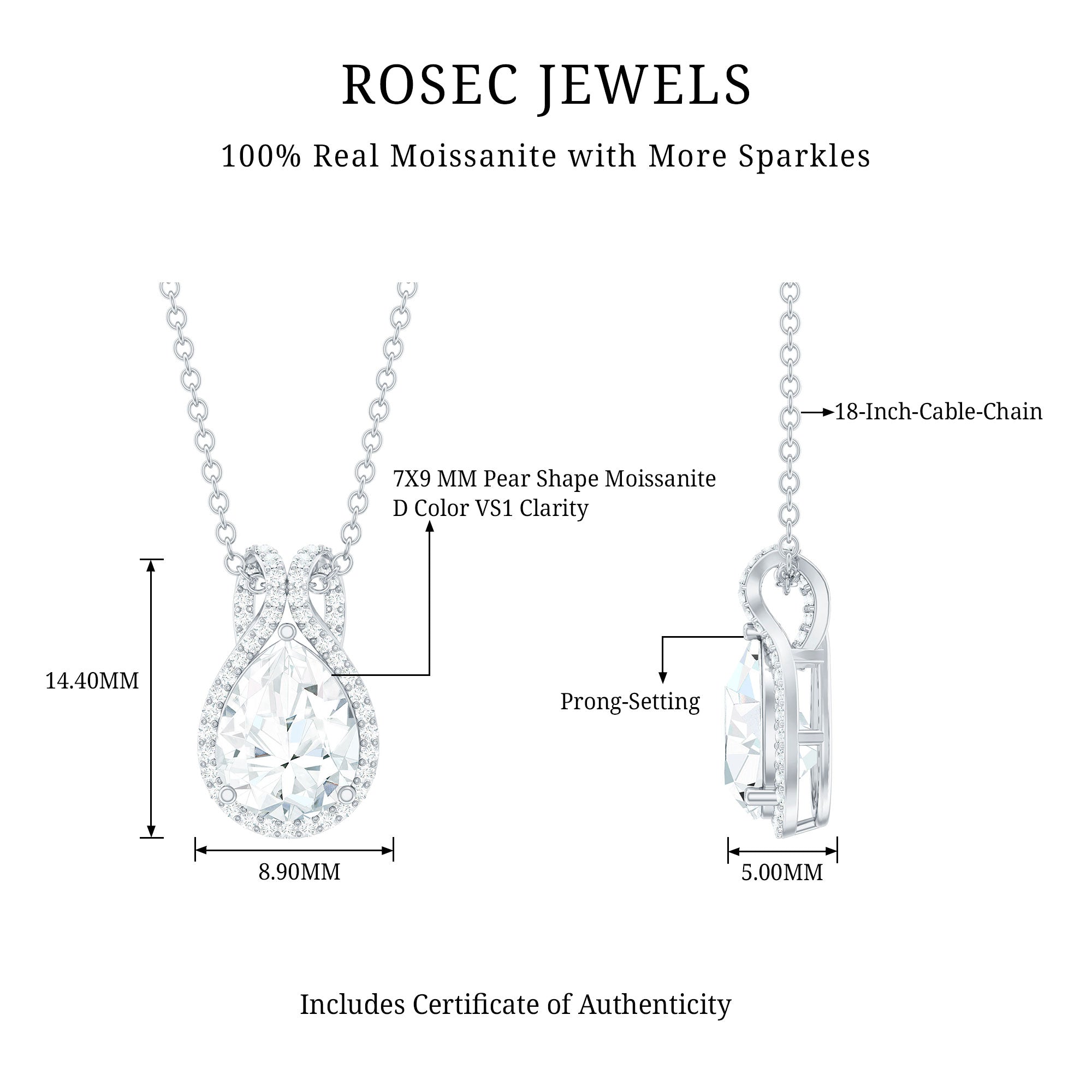 Certified 7X9MM Moissanite Teardrop Wedding Necklace for Women