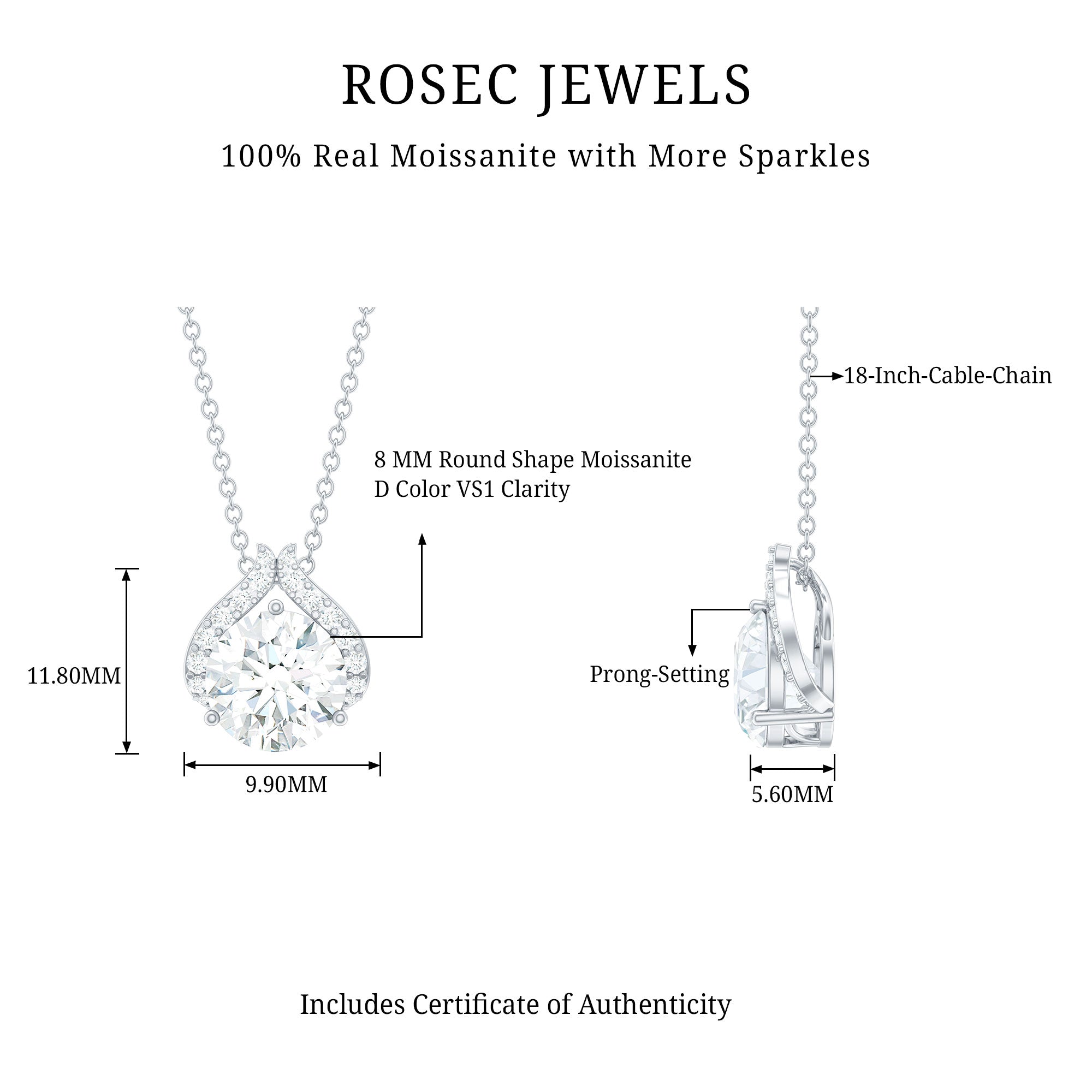 Certified 2 CT Moissanite Wedding Necklace with Chain