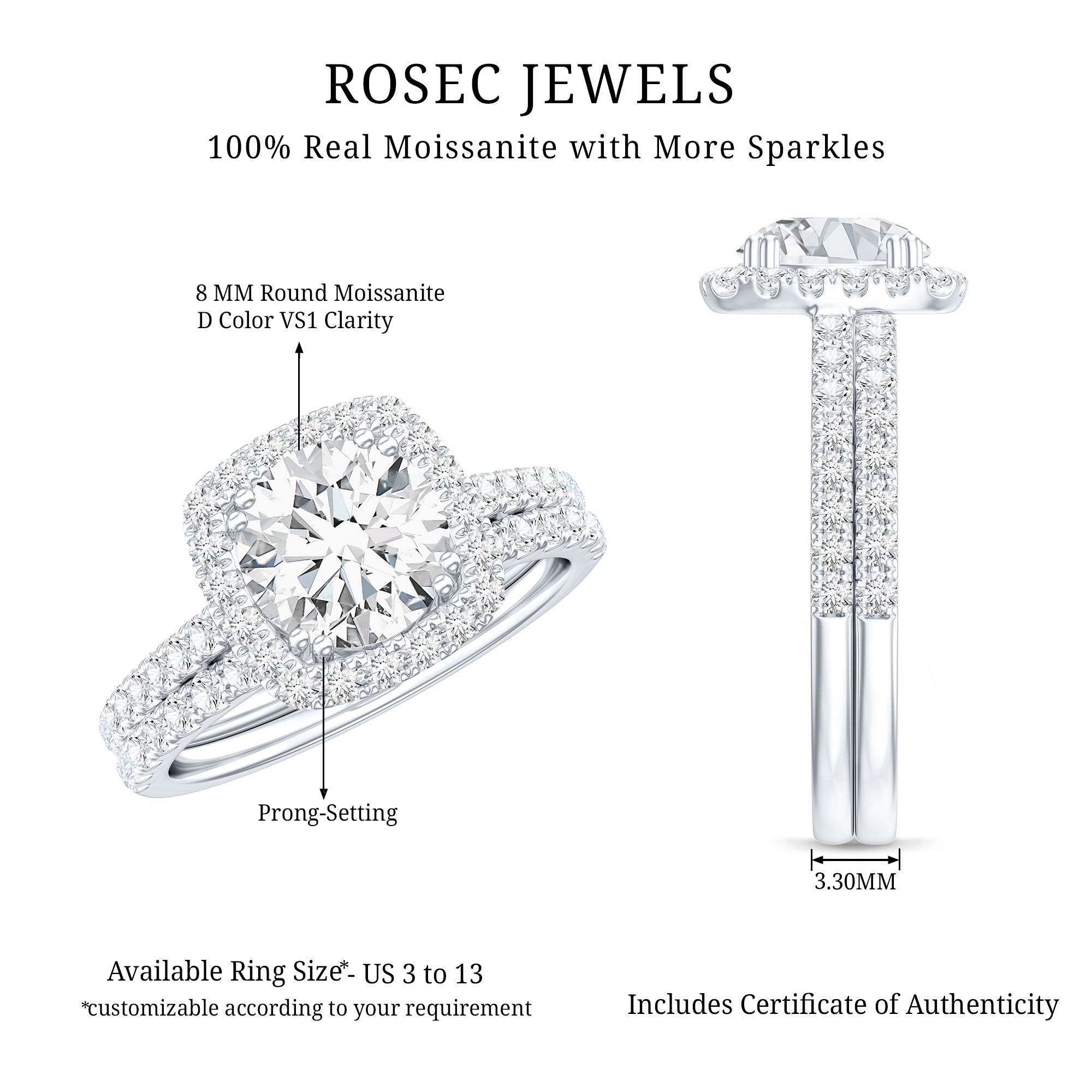 3.25 CT Round Certified Moissanite Wedding Silver Ring Set with Halo