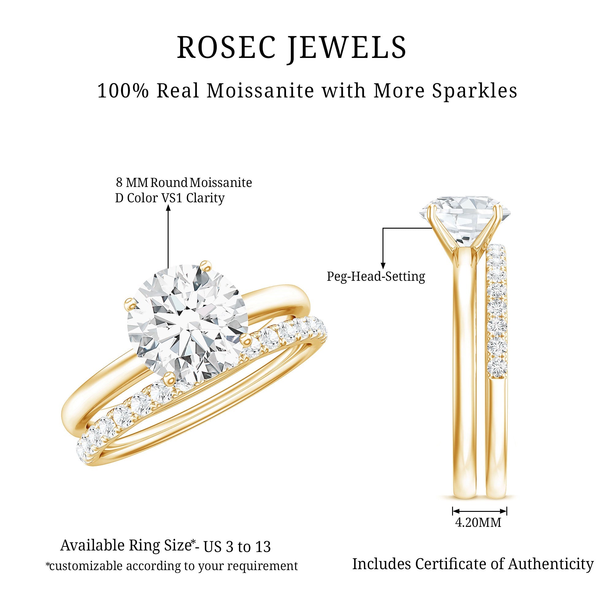 Certified 8 MM Moissanite Solitaire Wedding Ring Set in Gold Plated Silver