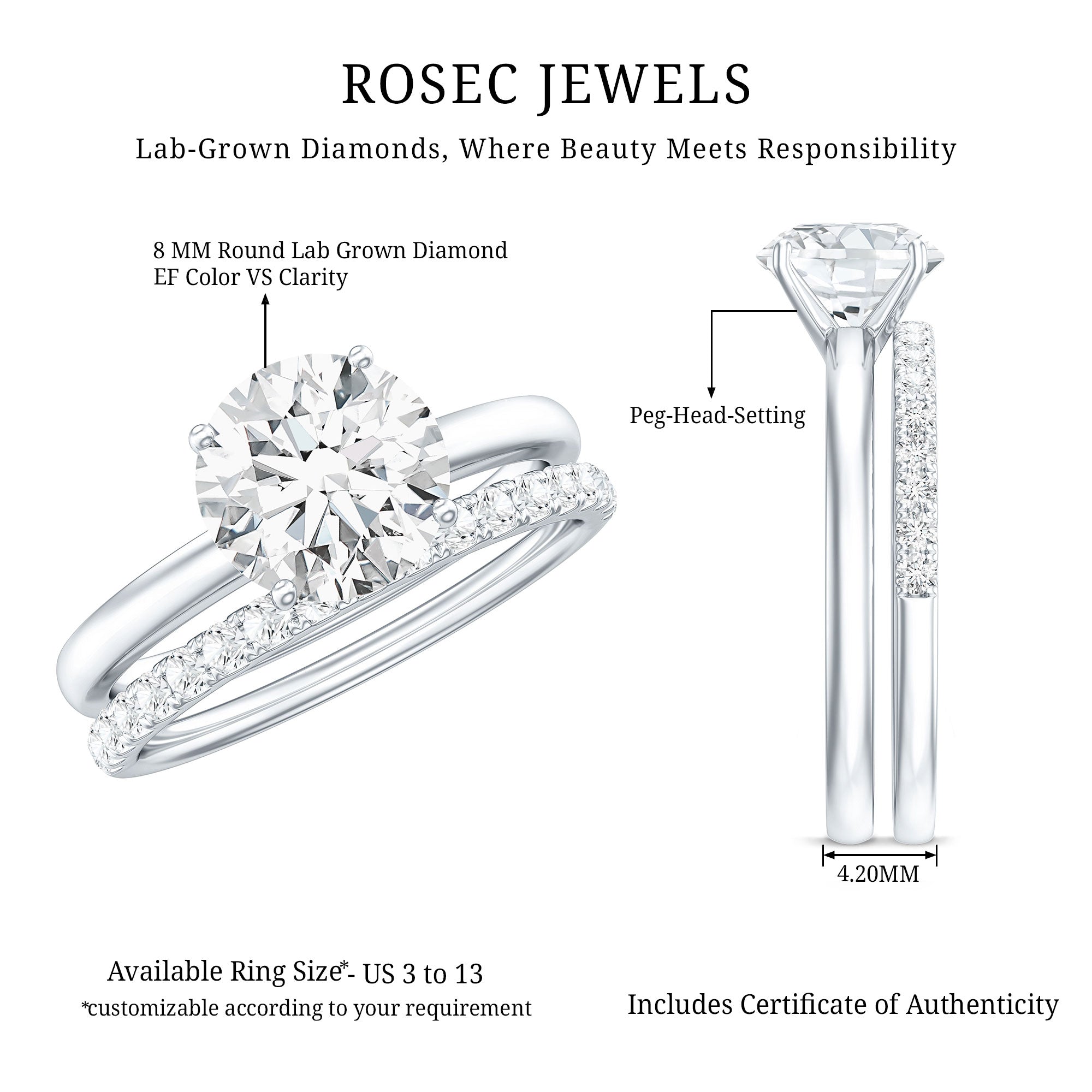 Certified 8 MM Lab Grown Diamond Solitaire Wedding Ring Set