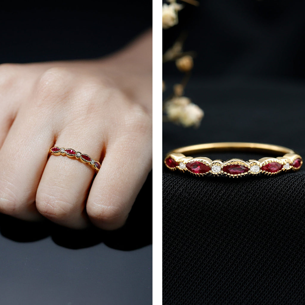 Certified Ruby and Diamond Half Eternity Wedding Band
