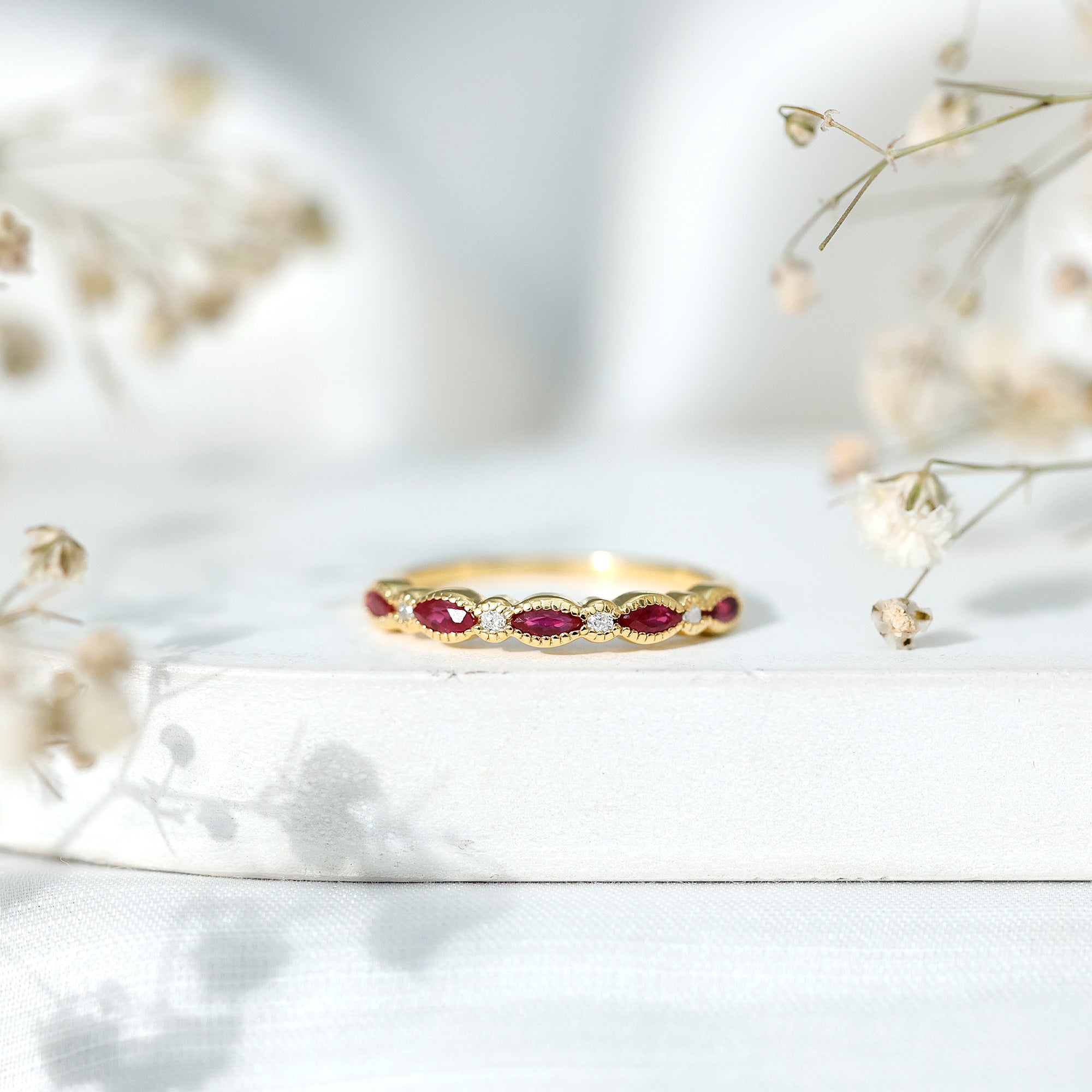 Certified Ruby and Diamond Half Eternity Wedding Band