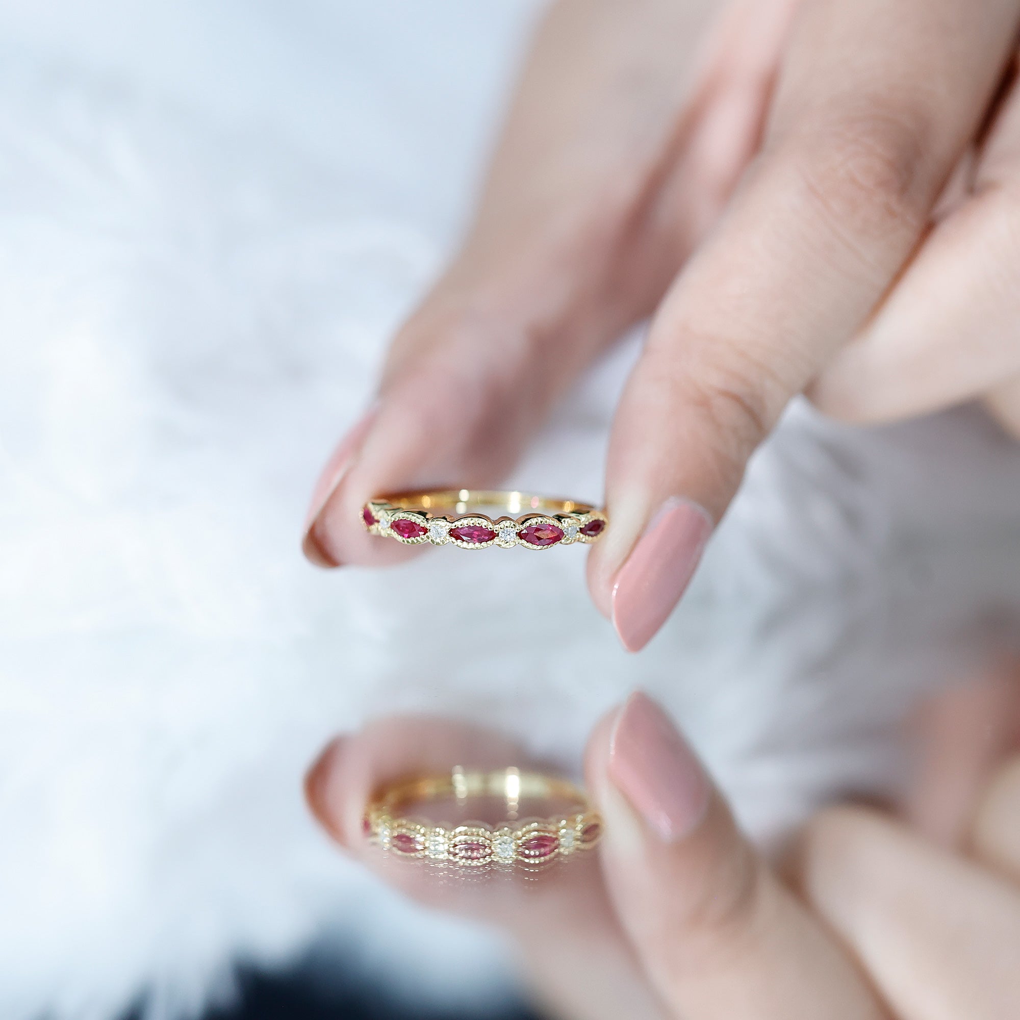 Certified Ruby and Diamond Half Eternity Wedding Band