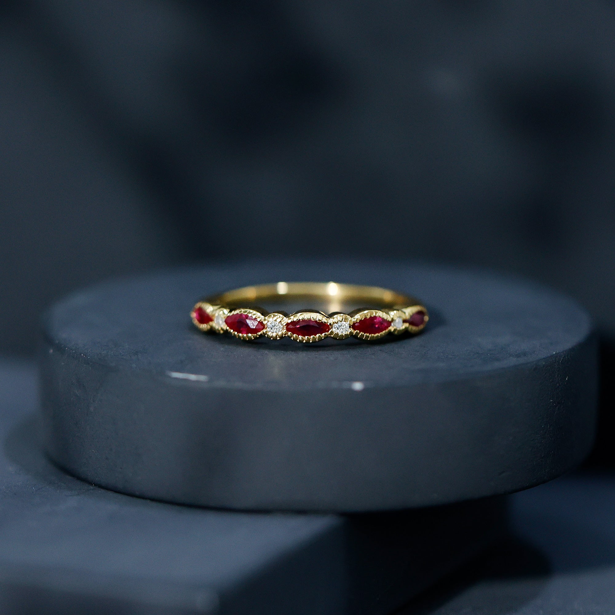 Certified Ruby and Diamond Half Eternity Wedding Band