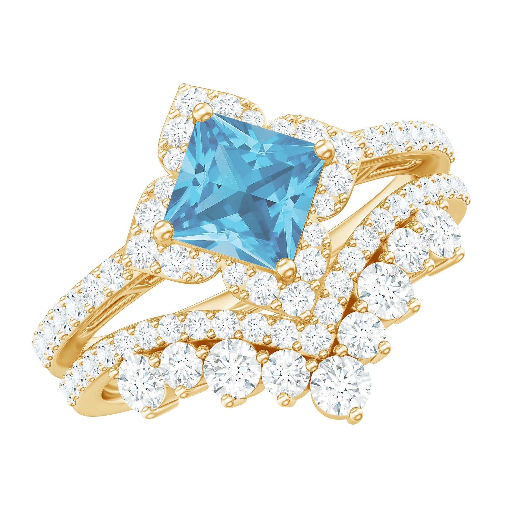 Princess Cut Swiss Blue Topaz Moissanite Floral Wedding Ring Set in Silver