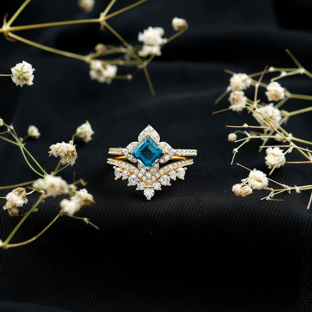 Princess Cut Swiss Blue Topaz Moissanite Floral Wedding Ring Set in Silver