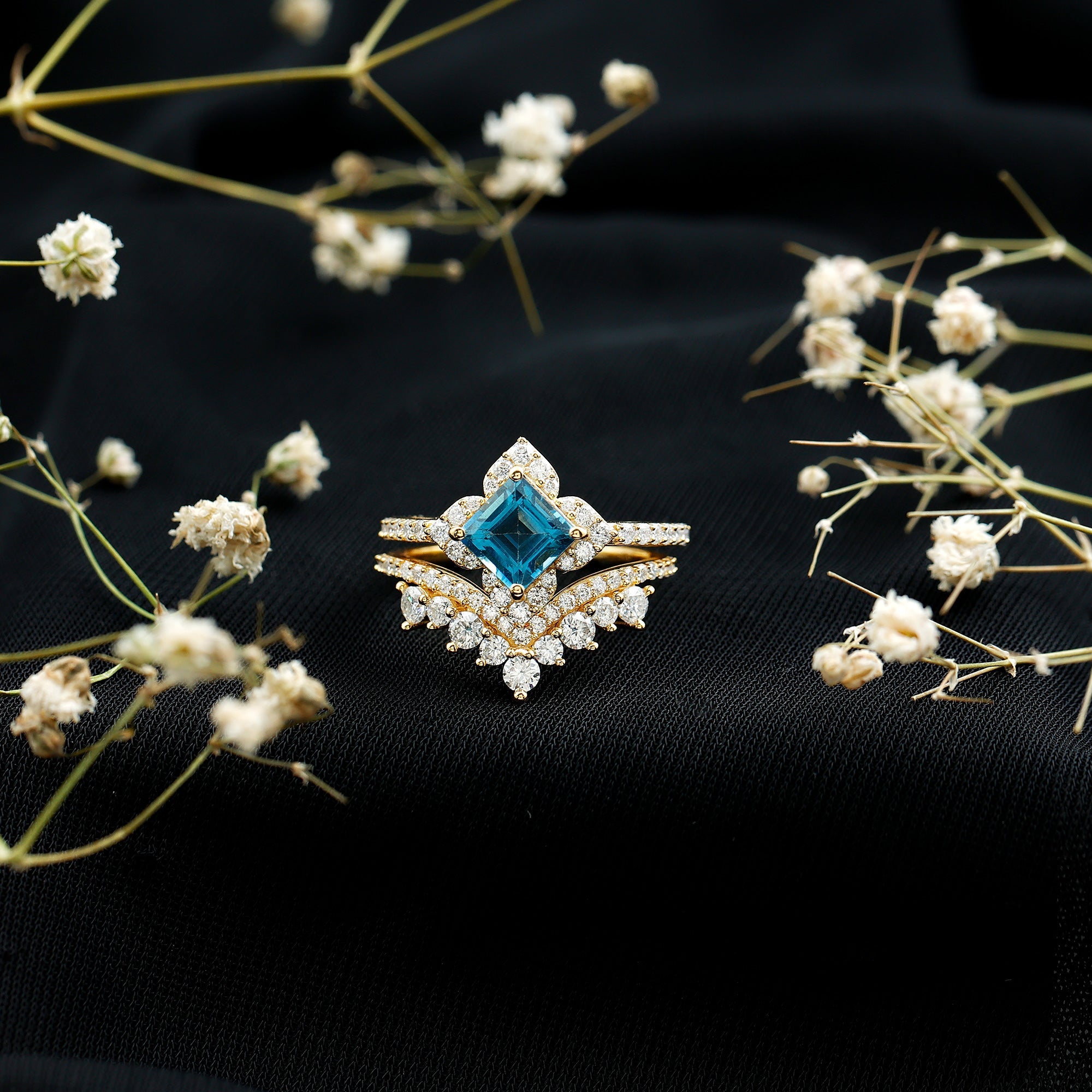 Princess Cut Swiss Blue Topaz Moissanite Floral Wedding Ring Set in Silver