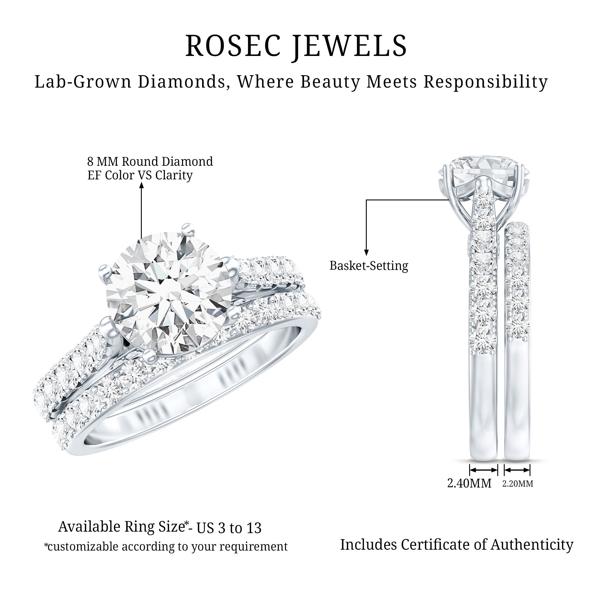 Certified 8 mm Round Lab Grown Diamond Wedding Engagement Ring Set