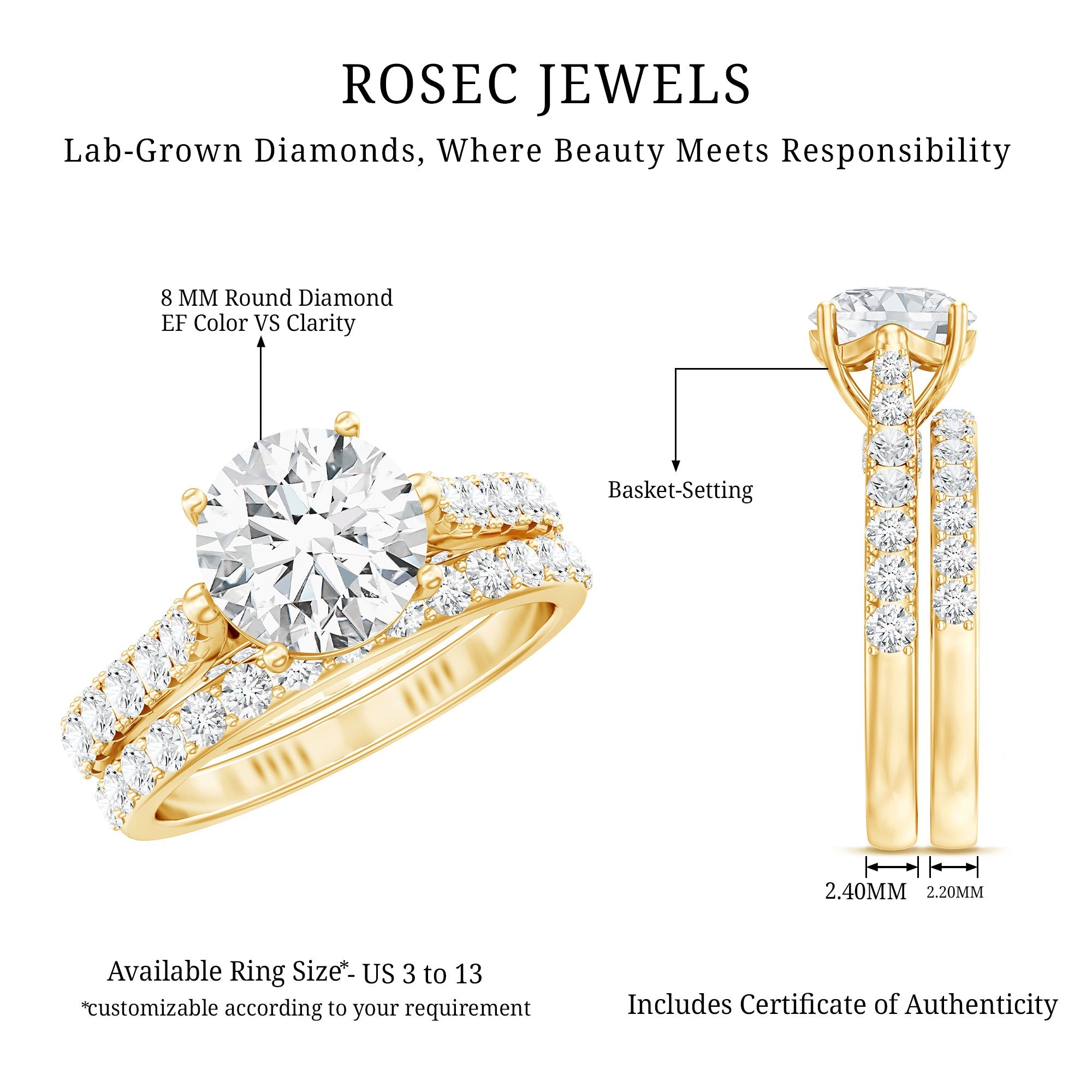 Certified 8 mm Round Lab Grown Diamond Wedding Engagement Ring Set