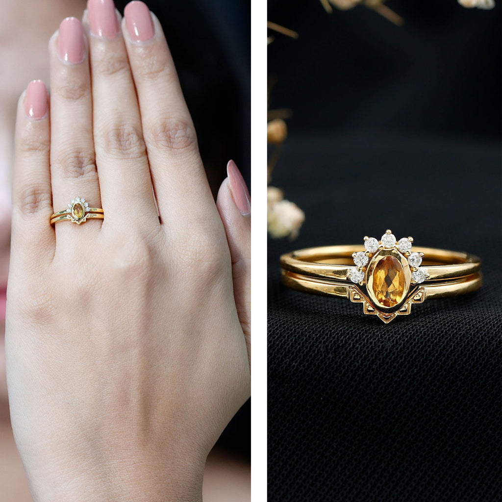 Minimalist Citrine and Diamond Stackable Wedding Ring Set