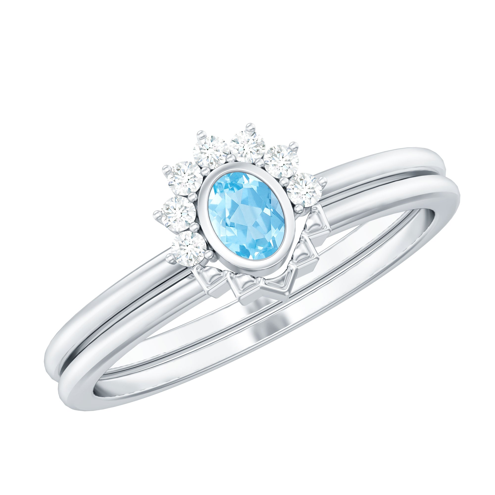 Oval Cut Aquamarine Wedding Ring Set with Diamond Halo