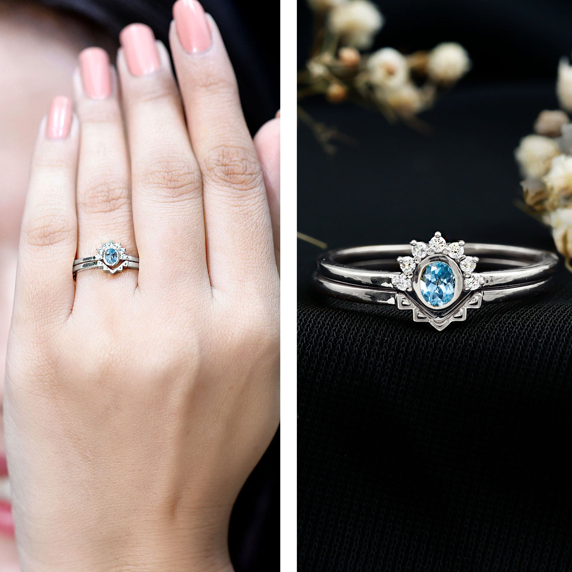 Oval Cut Aquamarine Wedding Ring Set with Diamond Halo