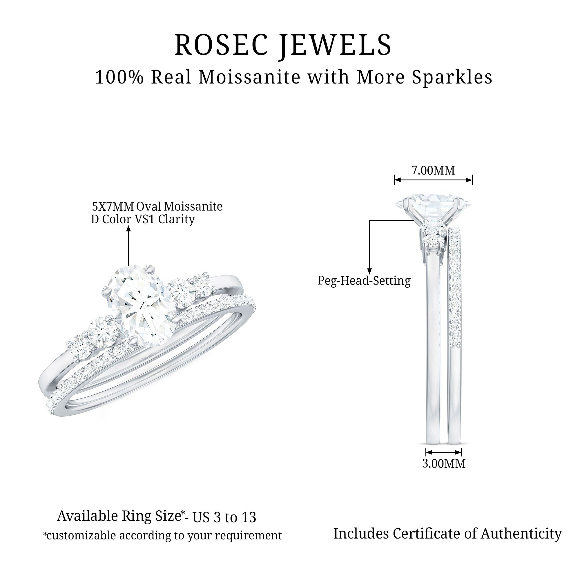 Oval Shaped 5X7 MM Moissanite Solitaire Wedding Ring Set