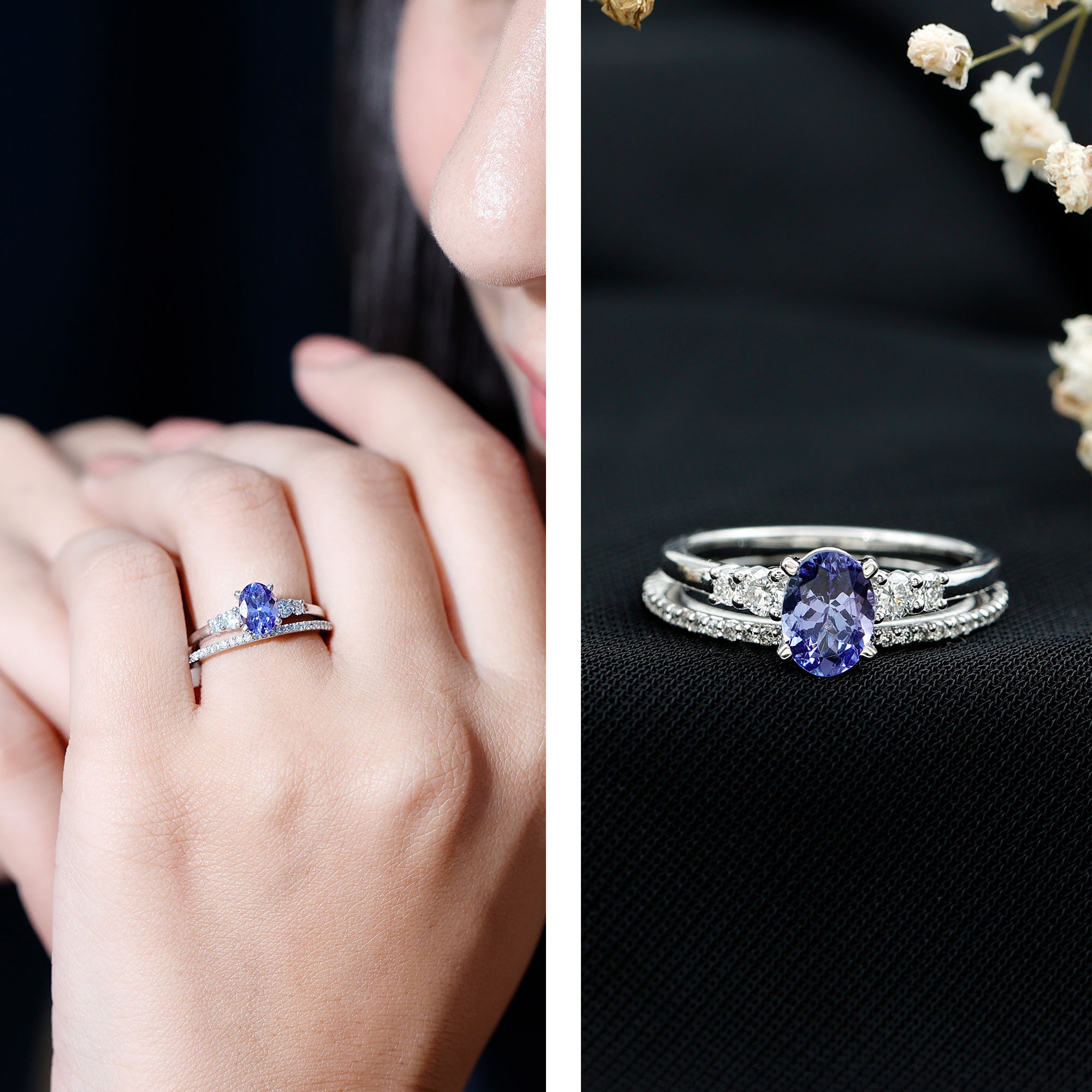 Natural Tanzanite Oval Engagement Ring with Wedding Band