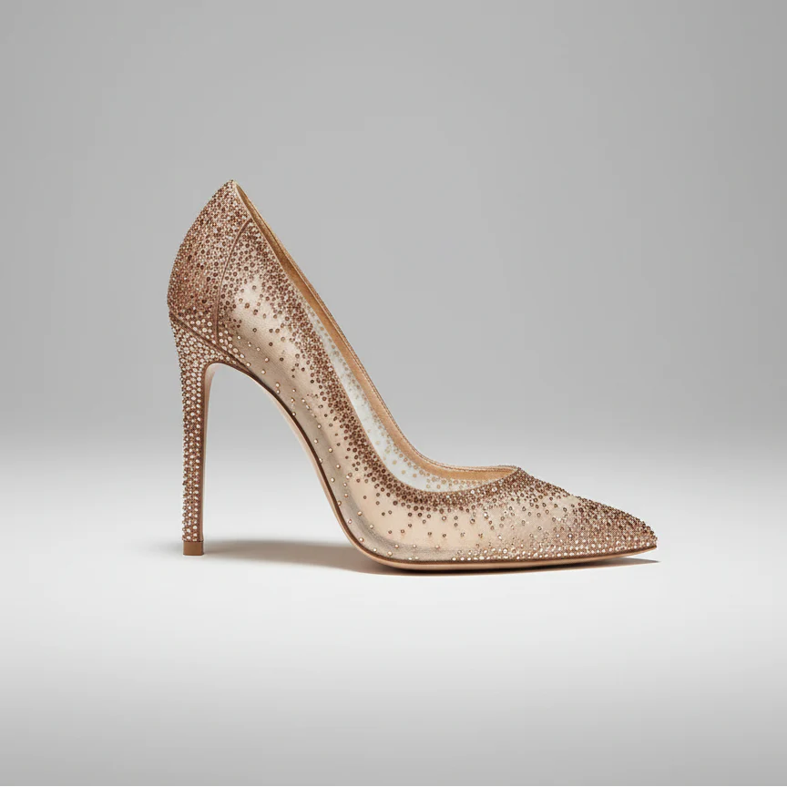 Mesh Rhinestone Patchwork High Heel Shoes