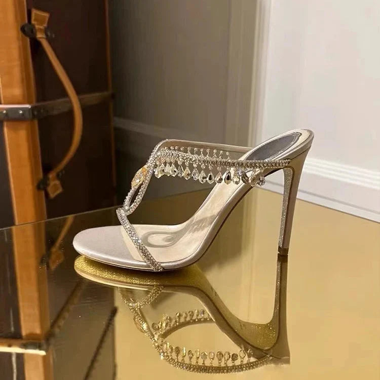 Rhinestone One-word Strap High Heels