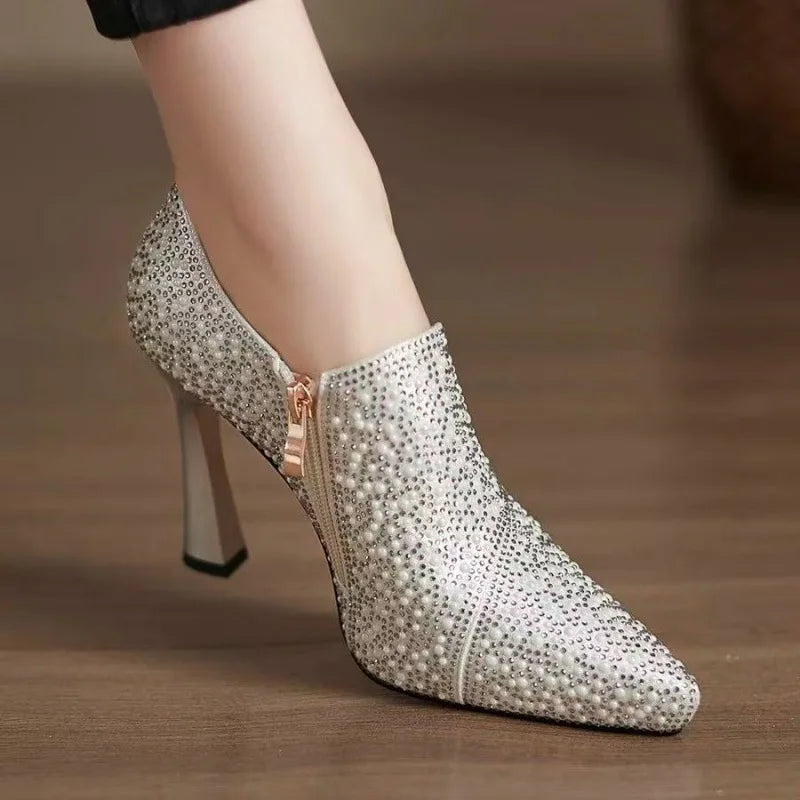 Rhinestone Pointed Toe High Heel Luxury Pearl Crystal Champagne Pumps