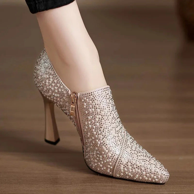 Rhinestone Pointed Toe High Heel Luxury Pearl Crystal Champagne Pumps