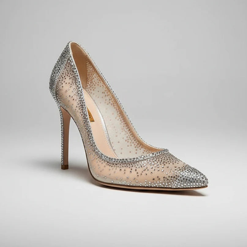 Mesh Rhinestone Patchwork High Heel Shoes