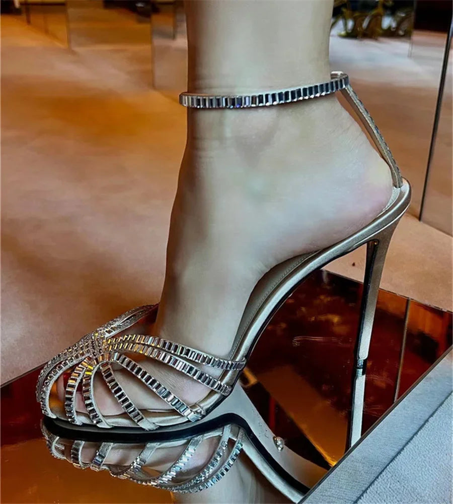 Designer Rhinestone Gladiator Ankle Strap Pumps