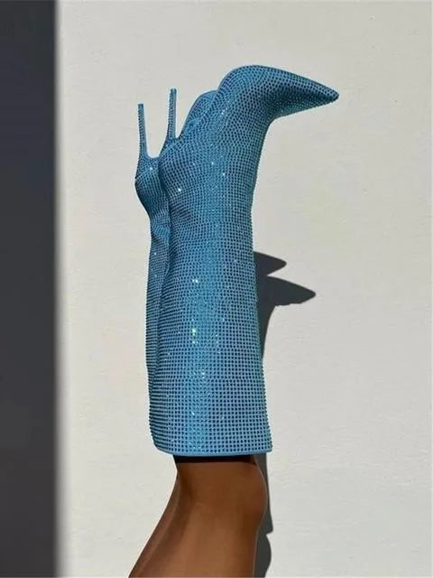 High Pointed Toe Rhinestone Boots