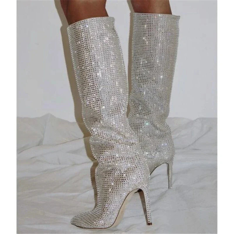 High Pointed Toe Rhinestone Boots