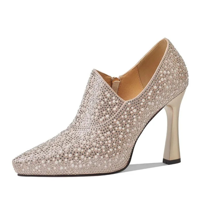 Rhinestone Pointed Toe High Heel Luxury Pearl Crystal Champagne Pumps