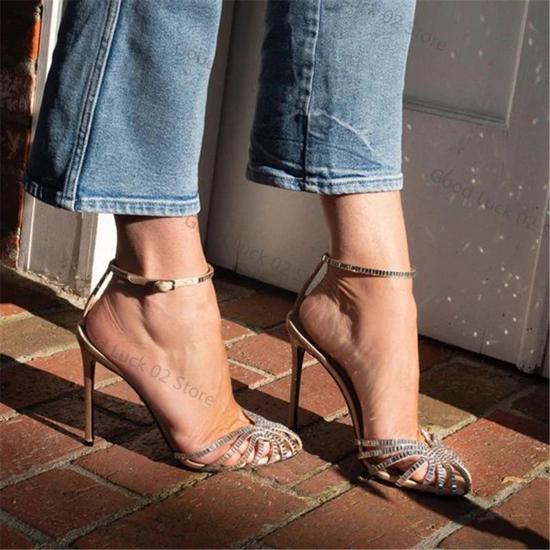 Designer Rhinestone Gladiator Ankle Strap Pumps
