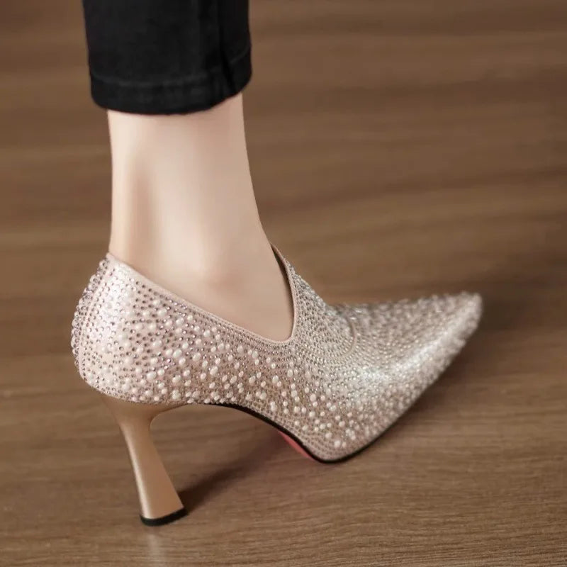 Rhinestone Pointed Toe High Heel Luxury Pearl Crystal Champagne Pumps