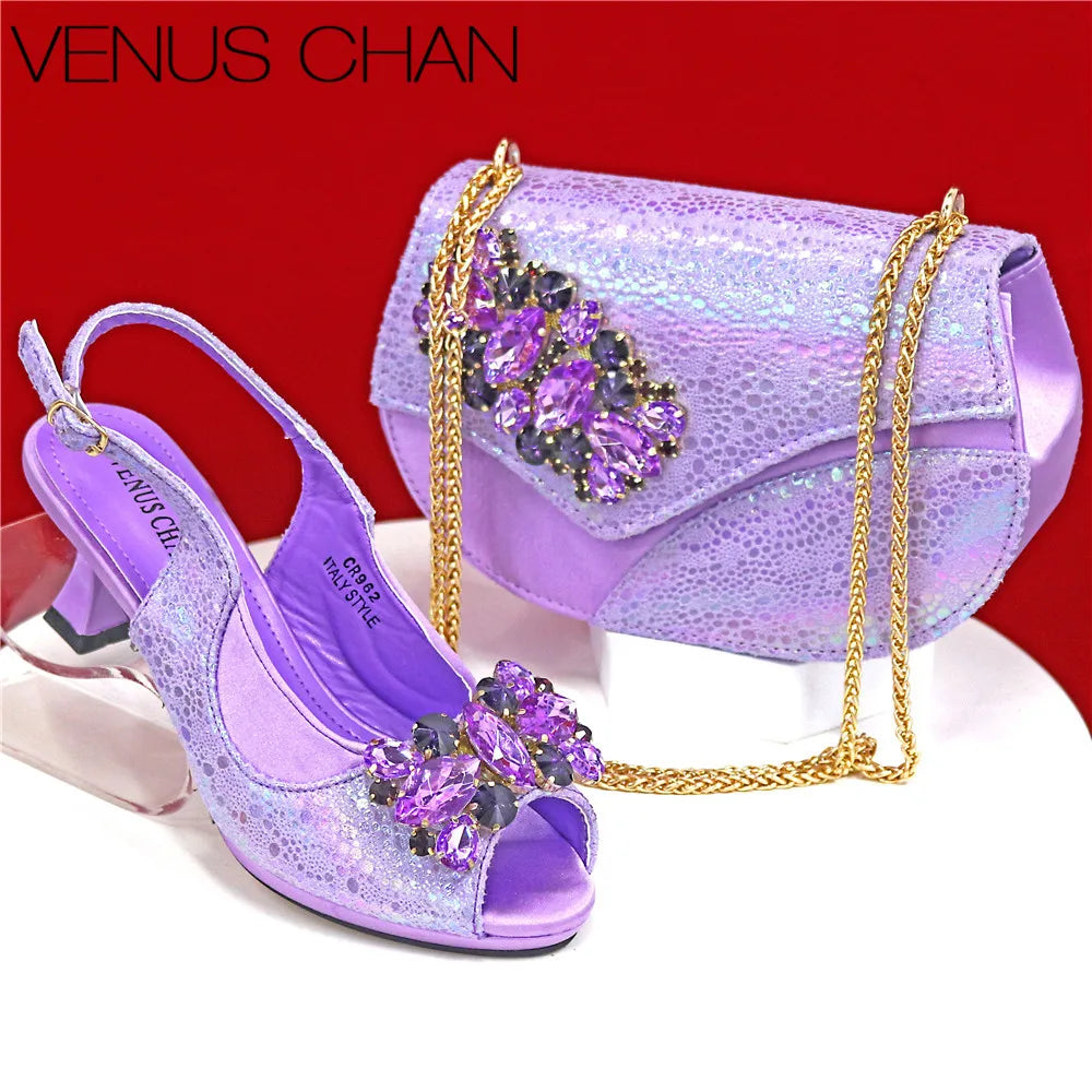 Elegant Rhinestone High-Heels Shoes & Handbag Set