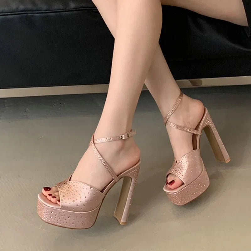 Rhinestone High Heel Crystal Silk Ankle Strap Square Toe Chunky Platform Shoes