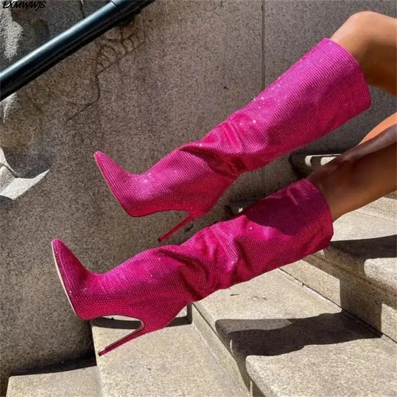 High Pointed Toe Rhinestone Boots