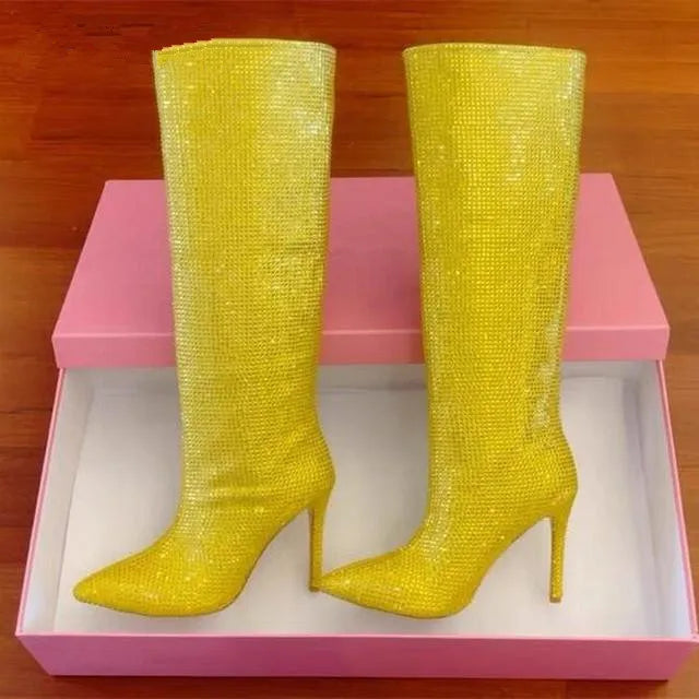 High Pointed Toe Rhinestone Boots