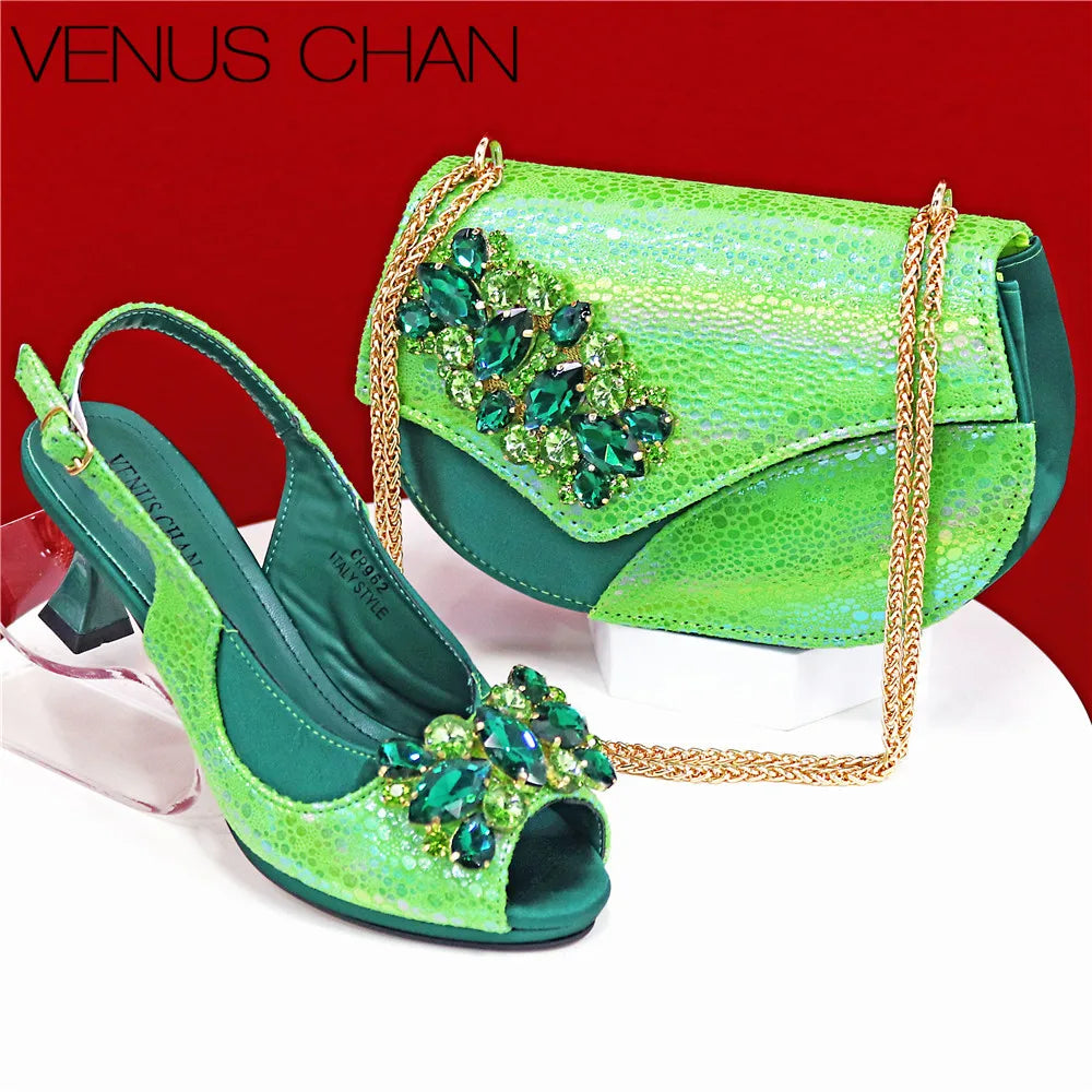 Elegant Rhinestone High-Heels Shoes & Handbag Set