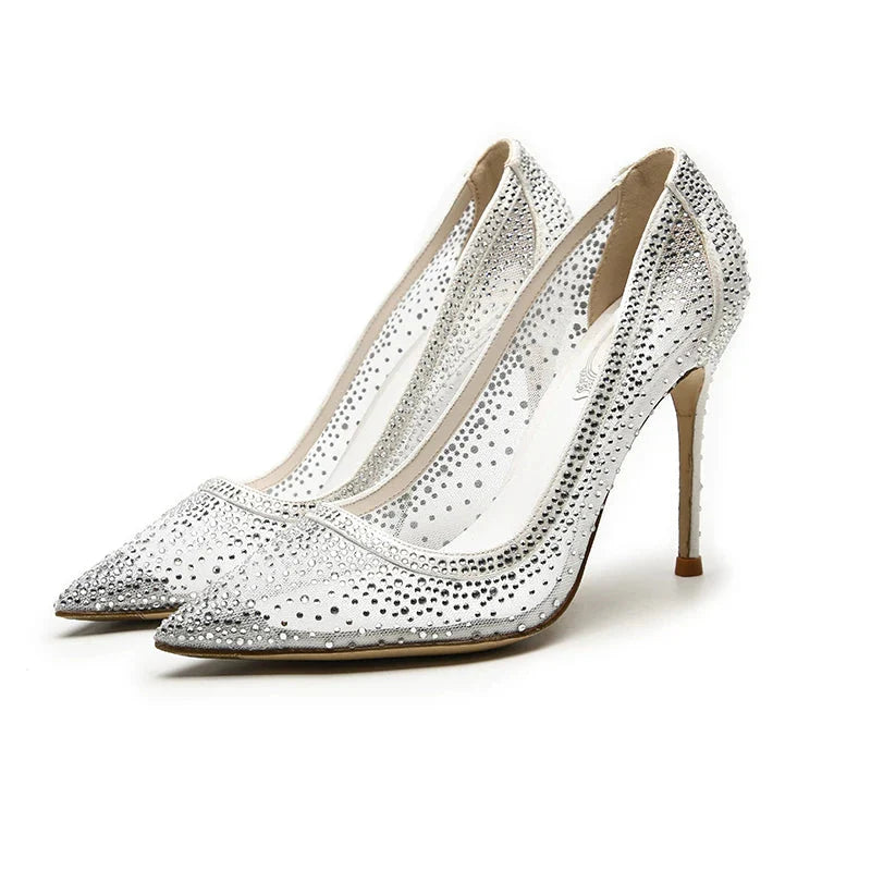 Mesh Rhinestone Patchwork High Heel Shoes