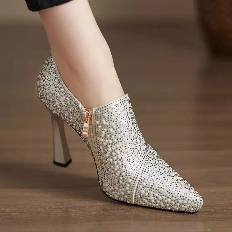 Rhinestone Pointed Toe High Heel Luxury Pearl Crystal Champagne Pumps