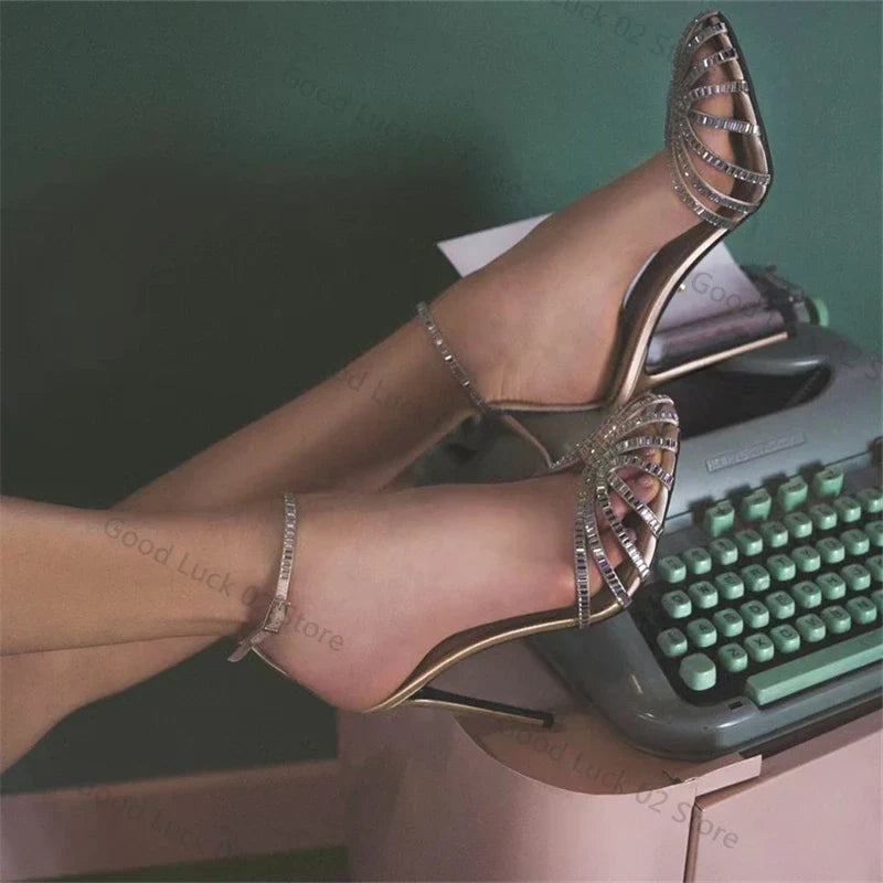 Designer Rhinestone Gladiator Ankle Strap Pumps