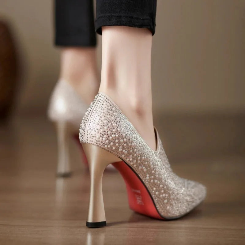 Rhinestone Pointed Toe High Heel Luxury Pearl Crystal Champagne Pumps