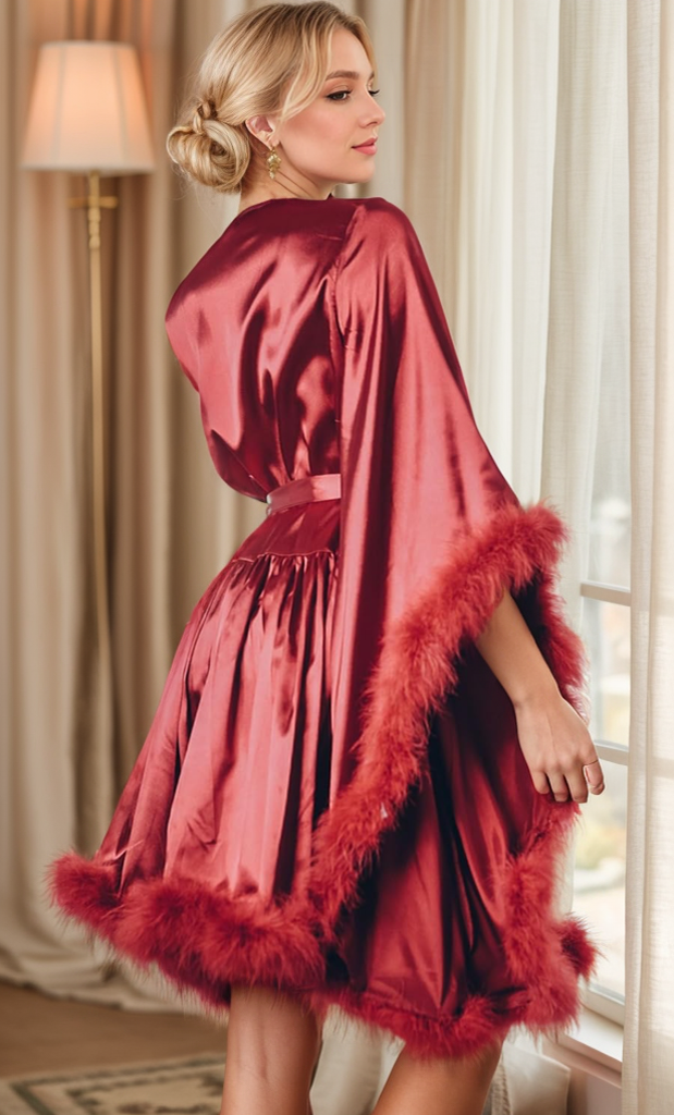 Short Satin Feather Robe – Holiday Photoshoot, Christmas Gift, Glam Party Outfit