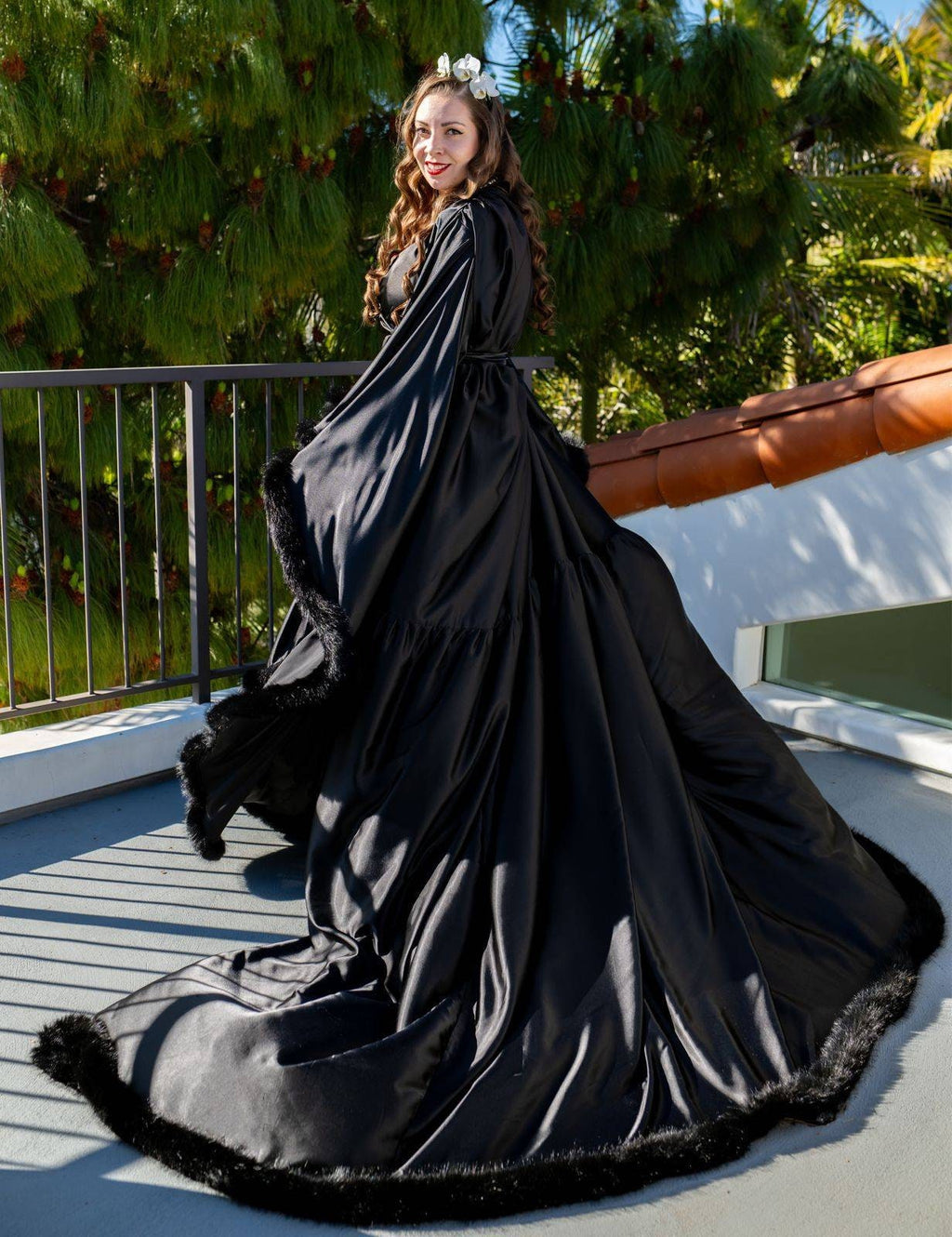 Silky Satin Feather Fringe Hem Long Robe (Victorian Style / Christmas Gift)