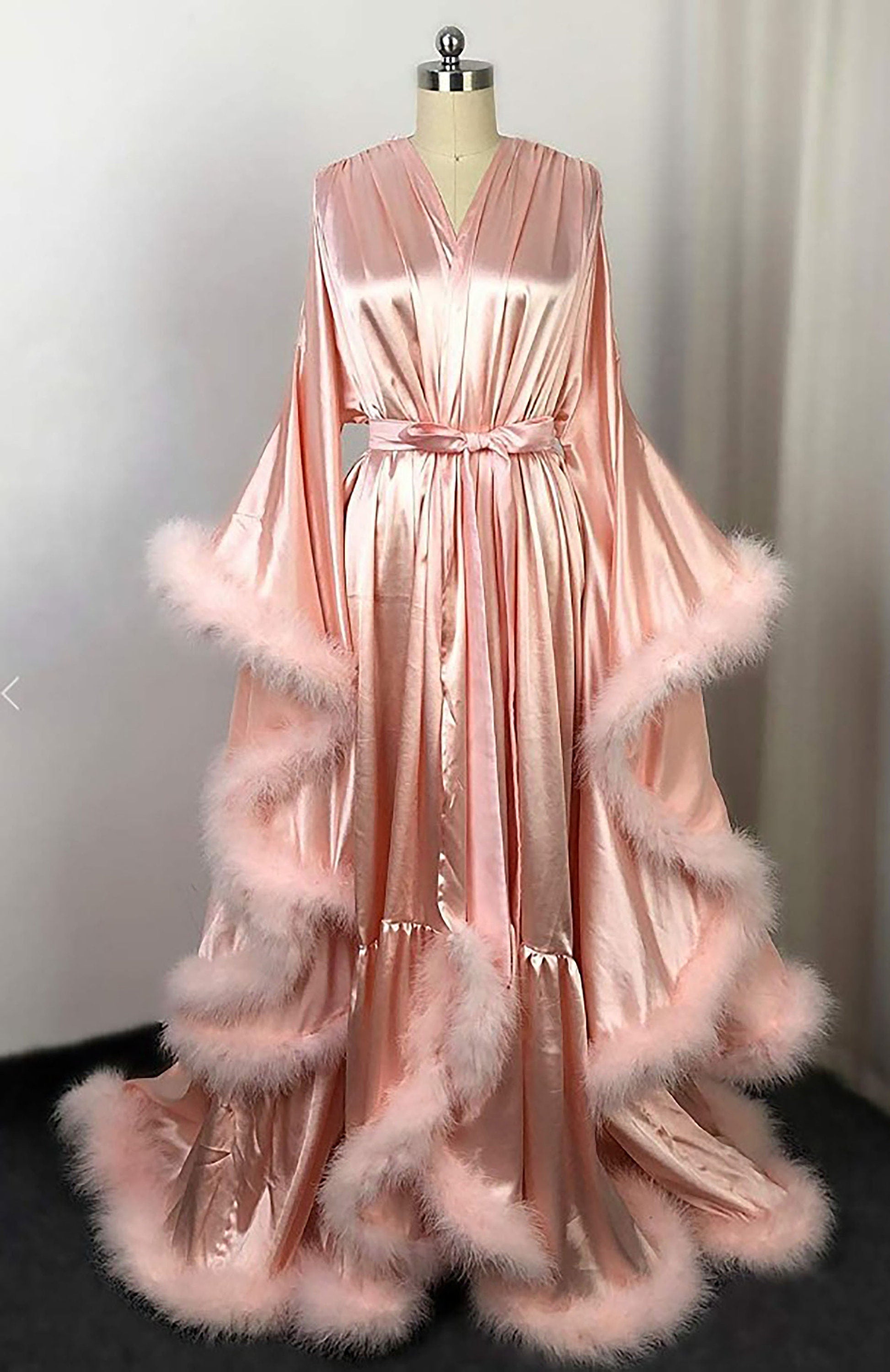 Silky Satin Feather Fringe Hem Long Robe (Victorian Style / Christmas Gift)