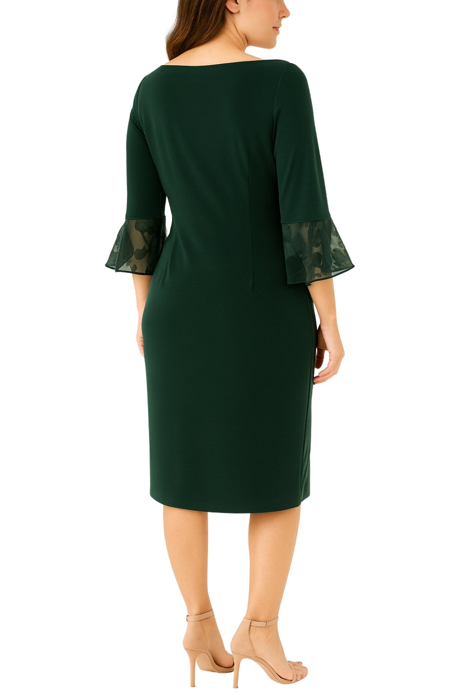 Connected Apparel Side Twirl Detail Three-Quarter Bell Sleeves Flared Sheer Cuffs Sheath Dress