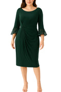 Connected Apparel Side Twirl Detail Three-Quarter Bell Sleeves Flared Sheer Cuffs Sheath Dress