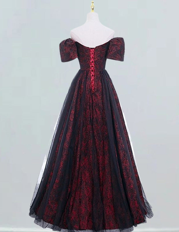 Burgundy off the shoulder pleated black tulle ball gown prom dress