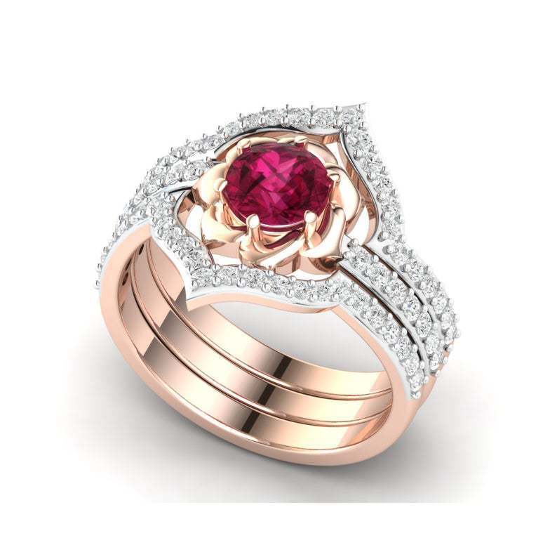 Rose Gold Flower Ring - Exquisite Engagement Wedding Band Set