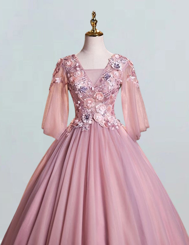 Women's Pink Lace V-Neck Evening Gown | Prom & Formal Dresses