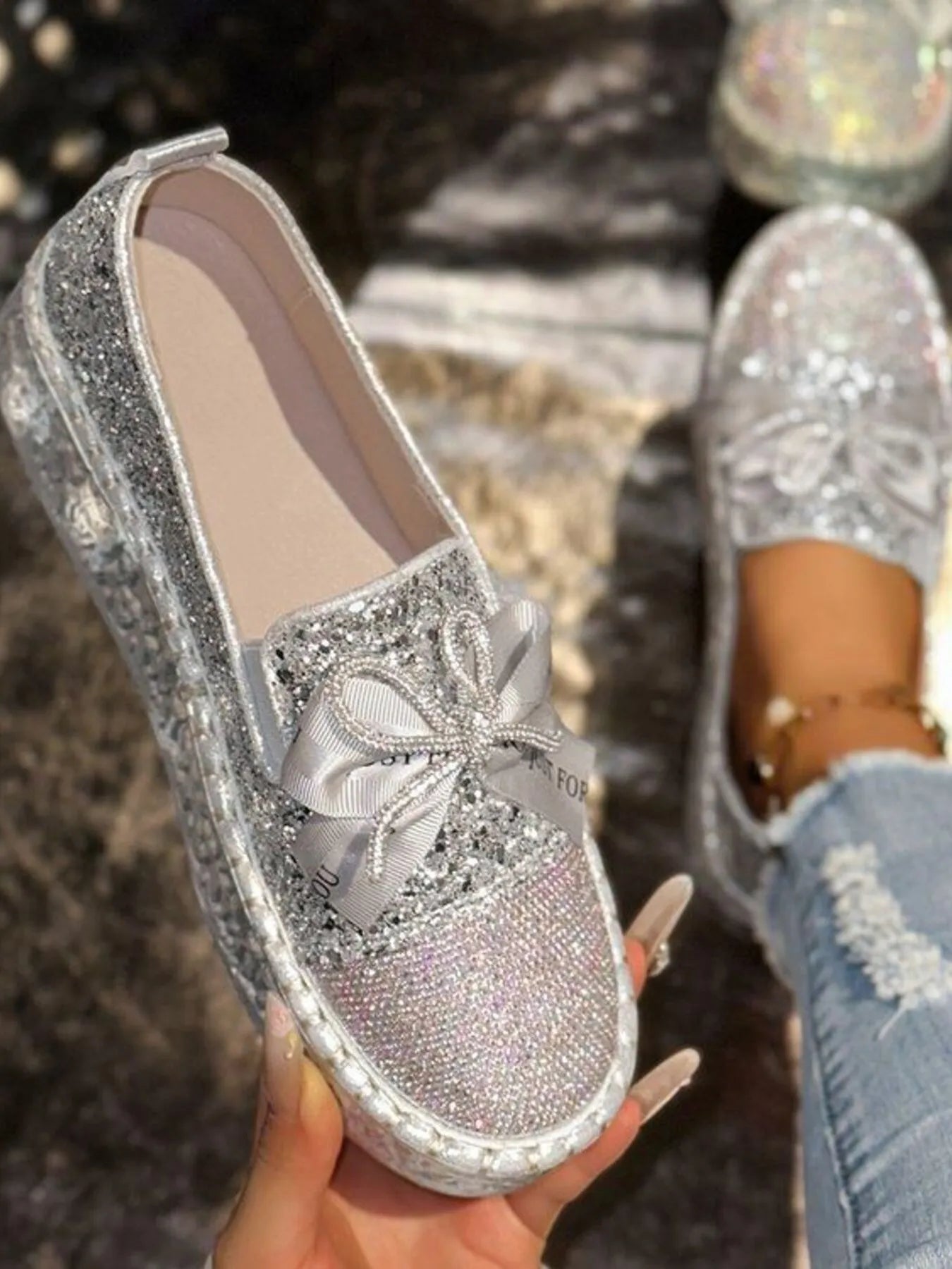 Rhinestone Bow Round Toe Slip-Ons