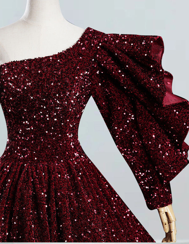Burgundy Sequin One-Shoulder Prom Dress | Girls' Elegant Evening Gown